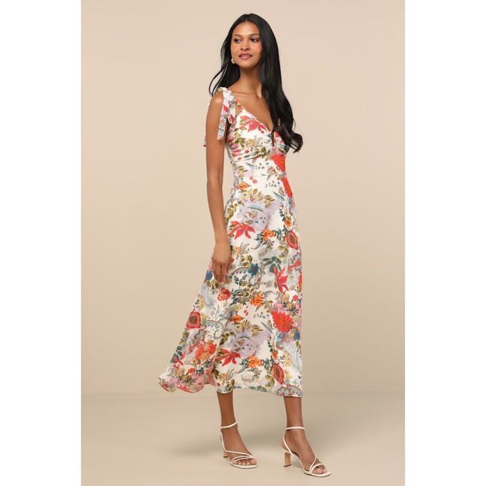 Lulus Simply Blissful Ivory Multi Floral Tie-strap A-line Midi Dress White